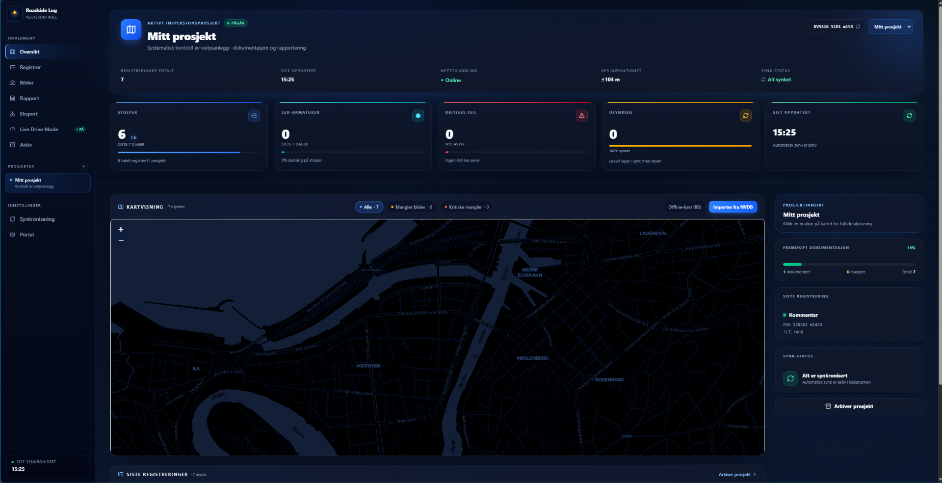 Roadside Log desktop project overview showing map and inspection stats